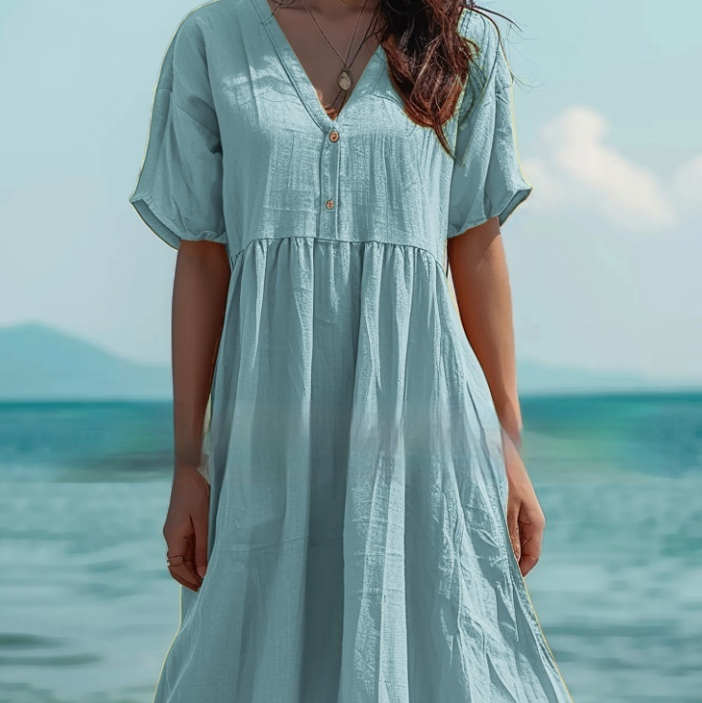 现货 亚马逊2024欧美跨境外贸春夏纯色短袖棉麻大摆女士连衣裙