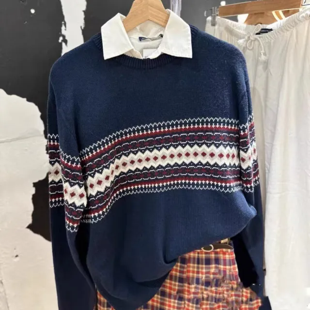 Round Neck Jacquard Diamond Plaid Long Sleeve Pullover Sweater As Shown In The Figure - Shop at LoveMi