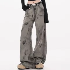 Retro Waste Soil Style Tie-dyed Wide-leg Jeans For Women - Gray - View 1
