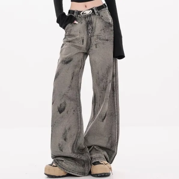 Retro Waste Soil Style Tie dyed Wide leg Jeans For Women Gray - Shop at LoveMi