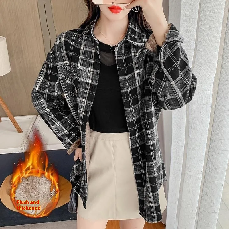 Women's Fashion New Retro Plaid Shirt Coat - Black