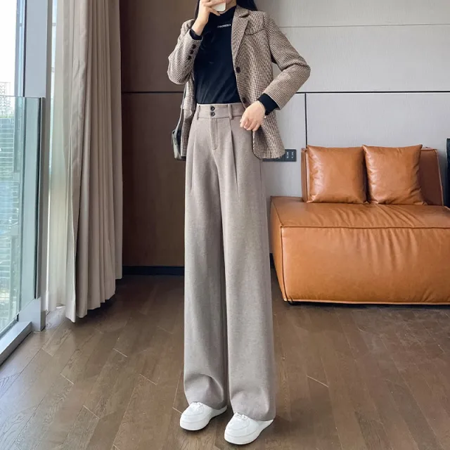 Gray Woolen Wide leg Pants Autumn And Winter High Waist Drooping Casual Straight leg Oatmeal Color - Shop at LoveMi
