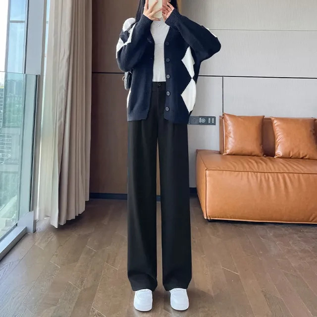 Gray Woolen Wide leg Pants Autumn And Winter High Waist Drooping Casual Straight leg Black - Shop at LoveMi