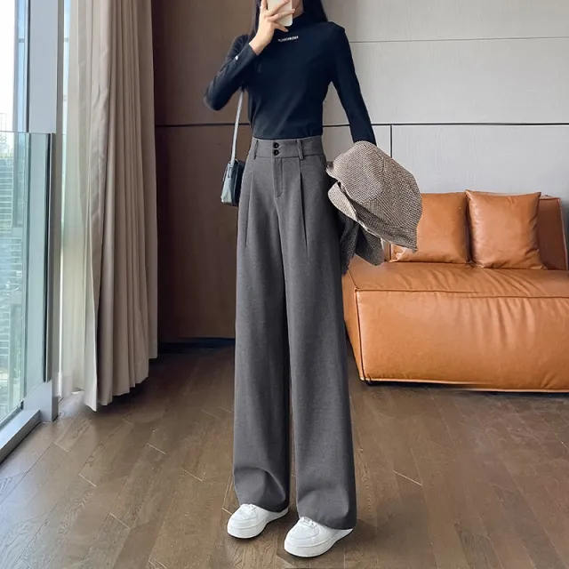 Gray Woolen Wide leg Pants Autumn And Winter High Waist Drooping Casual Straight leg Gray - Shop at LoveMi