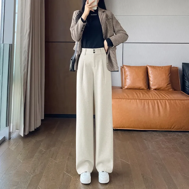 Gray Woolen Wide-leg Pants Autumn And Winter High Waist Drooping Casual Straight-leg - Apricot