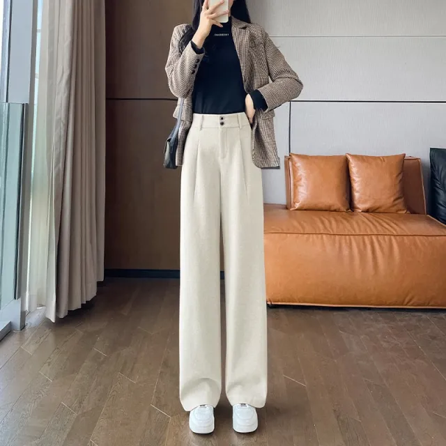 Gray Woolen Wide leg Pants Autumn And Winter High Waist Drooping Casual Straight leg Apricot - Shop at LoveMi