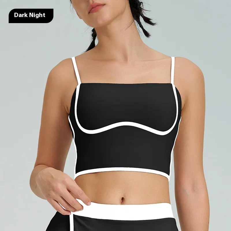 Contrast Color Fast-drying Sports Vest Women's Fitness Shockproof Fixing Cup Summer High Elastic Yoga Clothes Outfit Top - Dark Night Black Top