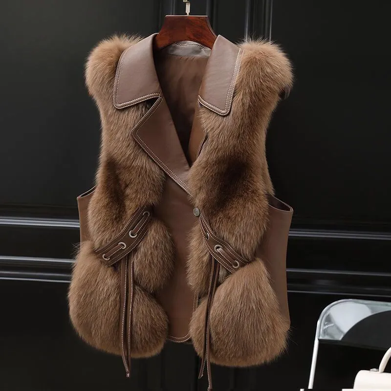 Fur Vest Short Coat Autumn And Winter New Patchwork Winter Fox Fur Jacket Women Short Artificial Fur Coat Elegant Female Warm Vest - Camel