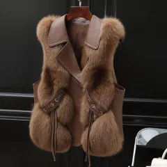 Fur Vest Short Coat Autumn And Winter New Patchwork Winter Fox Fur Jacket Women Short Artificial Fur Coat Elegant Female Warm Vest - Camel - View 1