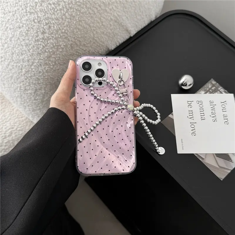 Elegant Purple Polka Dot Bow Hanging Chains Phone Case