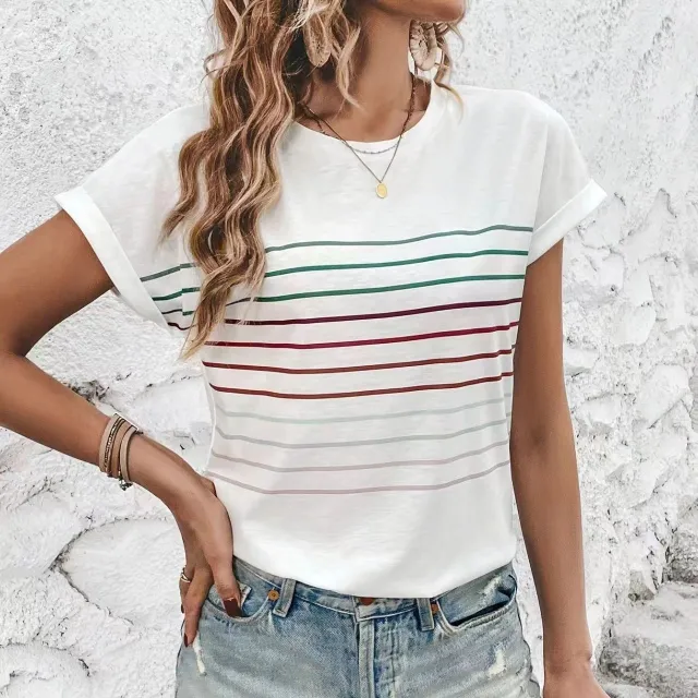 Casual Thin Striped Drop shoulder Short Sleeve T shirt Milky White - Shop at LoveMi