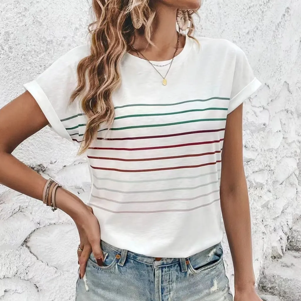 Casual Thin Striped Drop-shoulder Short Sleeve T-shirt - Milky White