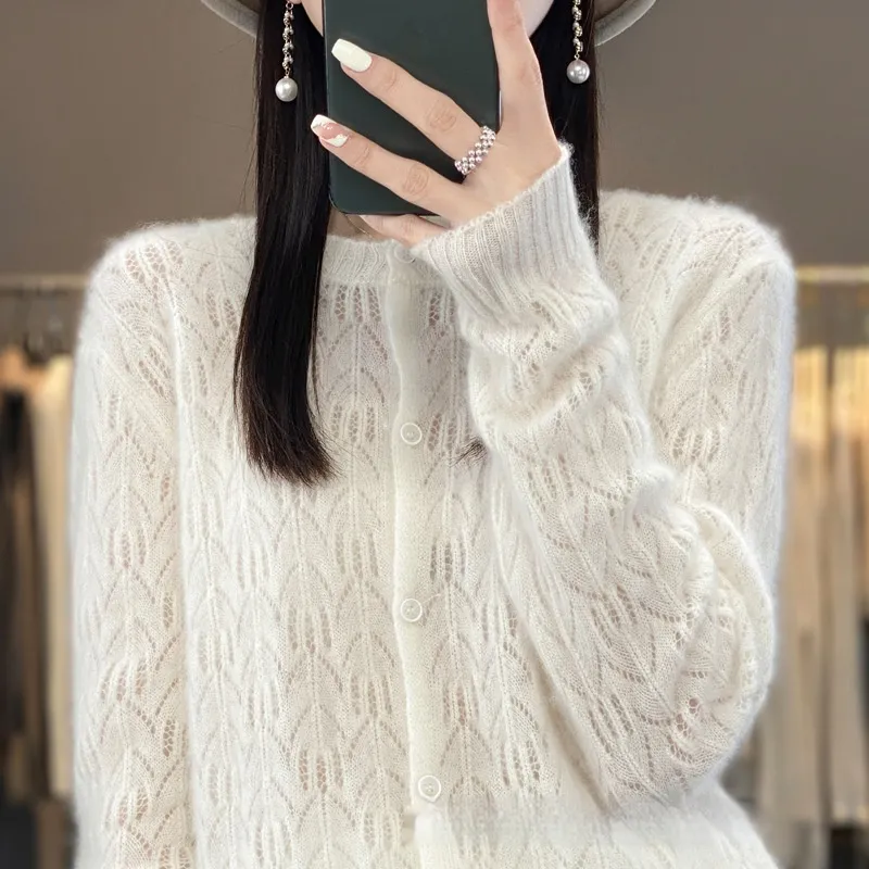 Slimming Round Neck Sweater Coat Women's Top - White