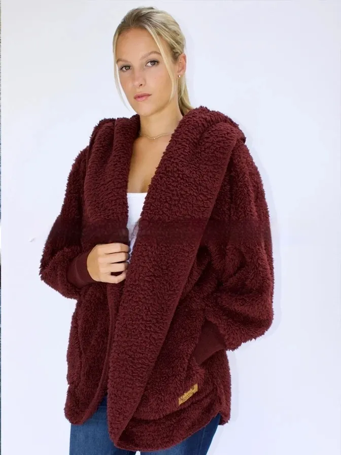European And American Furry Coat Women's Fall Winter Hooded Pocket Design Cardigan - Wine