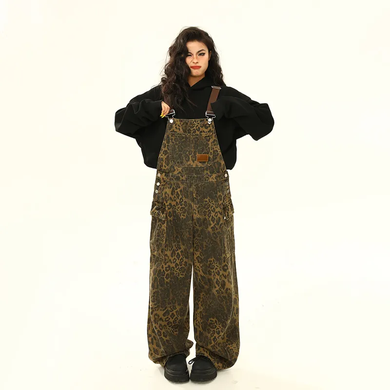 Leopard Print Cargo Pocket Suspender Pants Loose Wide Leg Jeans - Leopard Print
