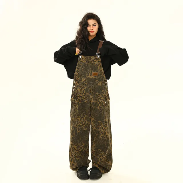 Leopard Print Cargo Pocket Suspender Pants Loose Wide Leg Jeans Leopard Print - Shop at LoveMi