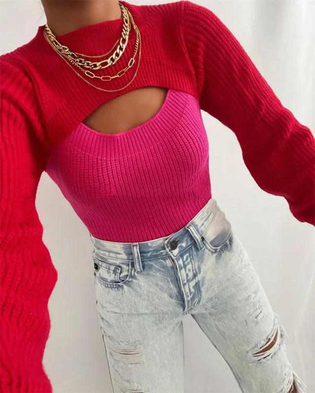 Early Autumn Sexy Topless Slim fit Solid Color Wool Sweater Base Clothing Red - Shop at LoveMi