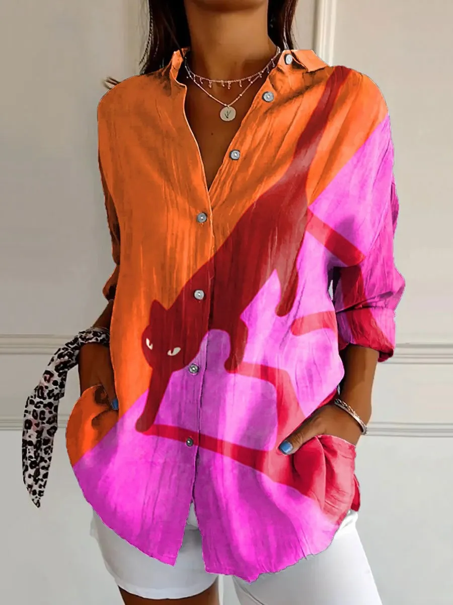 3D Color Matching Printing Pattern Autumn Leisure Loose Shirt Button Top - 8 Models-Xs