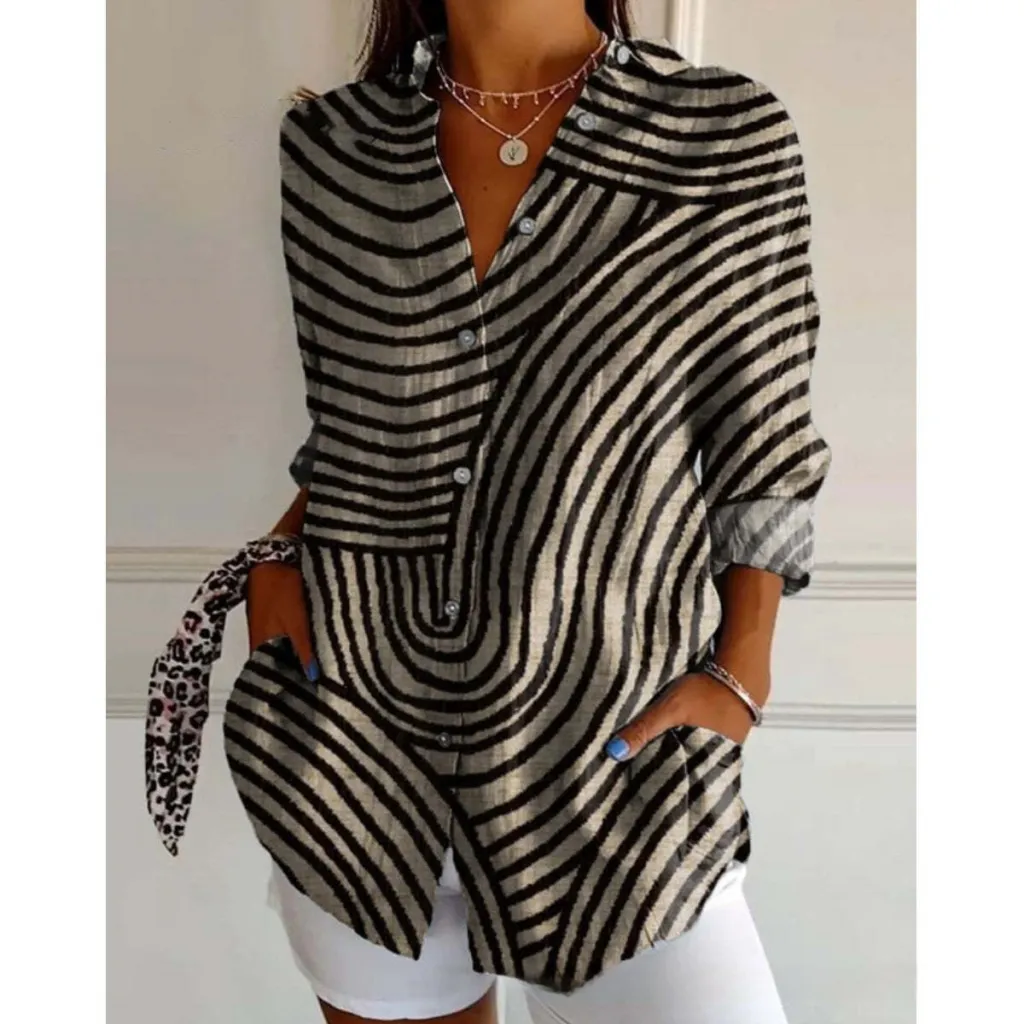 3D Color Matching Printing Pattern Autumn Leisure Loose Shirt Button Top - 1 Models-L