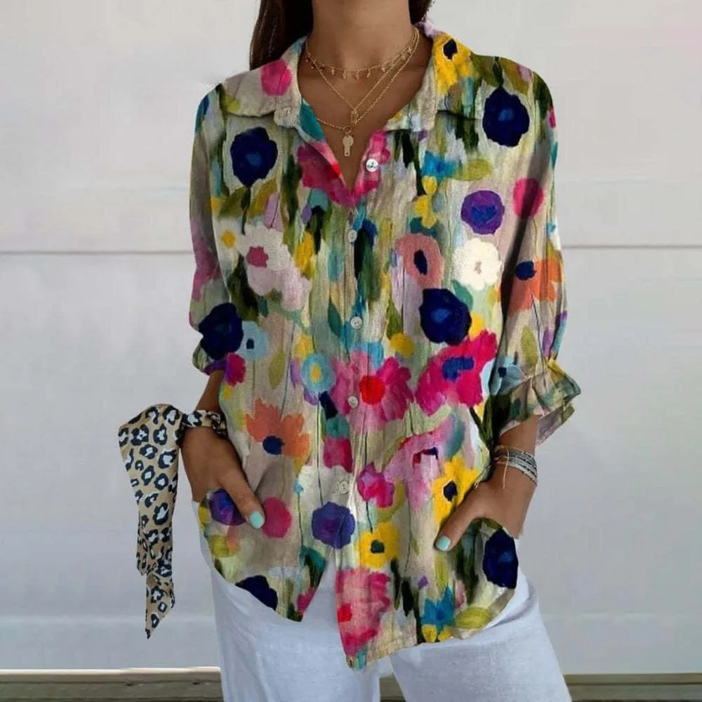 3D Colour Matching Printing Pattern Autumn Leisure Loose Shirt Button Top - 5 Models-Xs