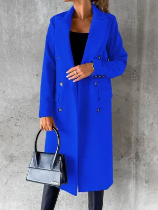 Double Breasted Lapel Coat Winter Fashion Solid Slim Long Jacket Long Sleeve Tops Womens Clothing - Blue