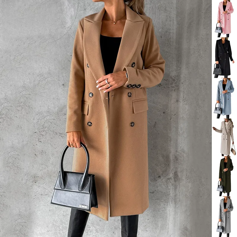 Double Breasted Lapel Coat Winter Fashion Solid Slim Long