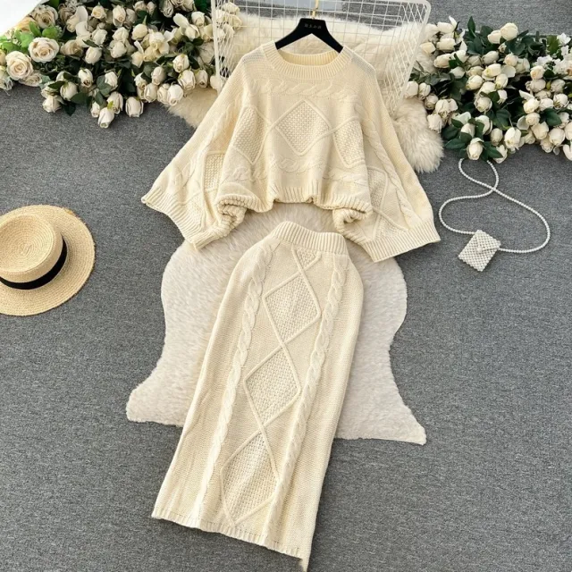 Loose Cable knit Sweater Women's Cinched Bodycon Sheath Skirt Two piece Dress Of Knitted Sweater Apricot - Shop at LoveMi