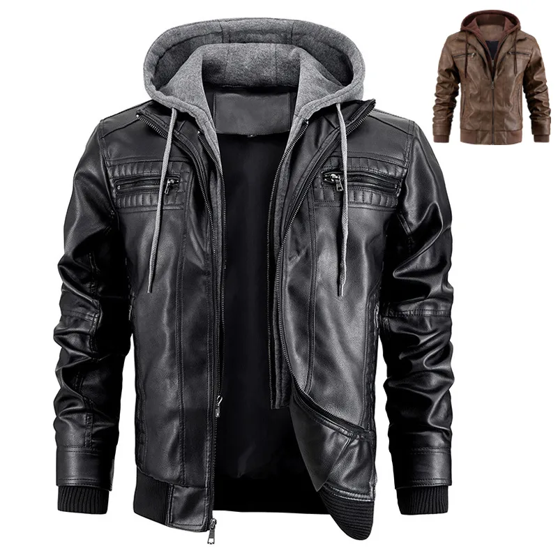 Hooded Jacket with Zipper Pockets Fashion Warm Pu Leather