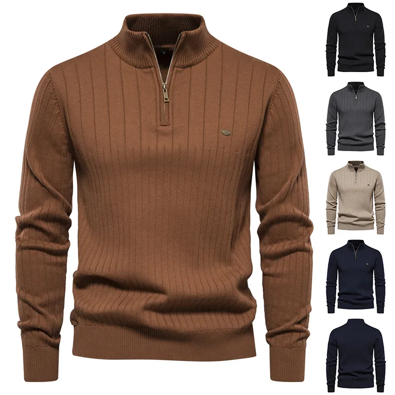 Men's Stand Collar Sweater Fashion Half-zipper Solid Color Striped