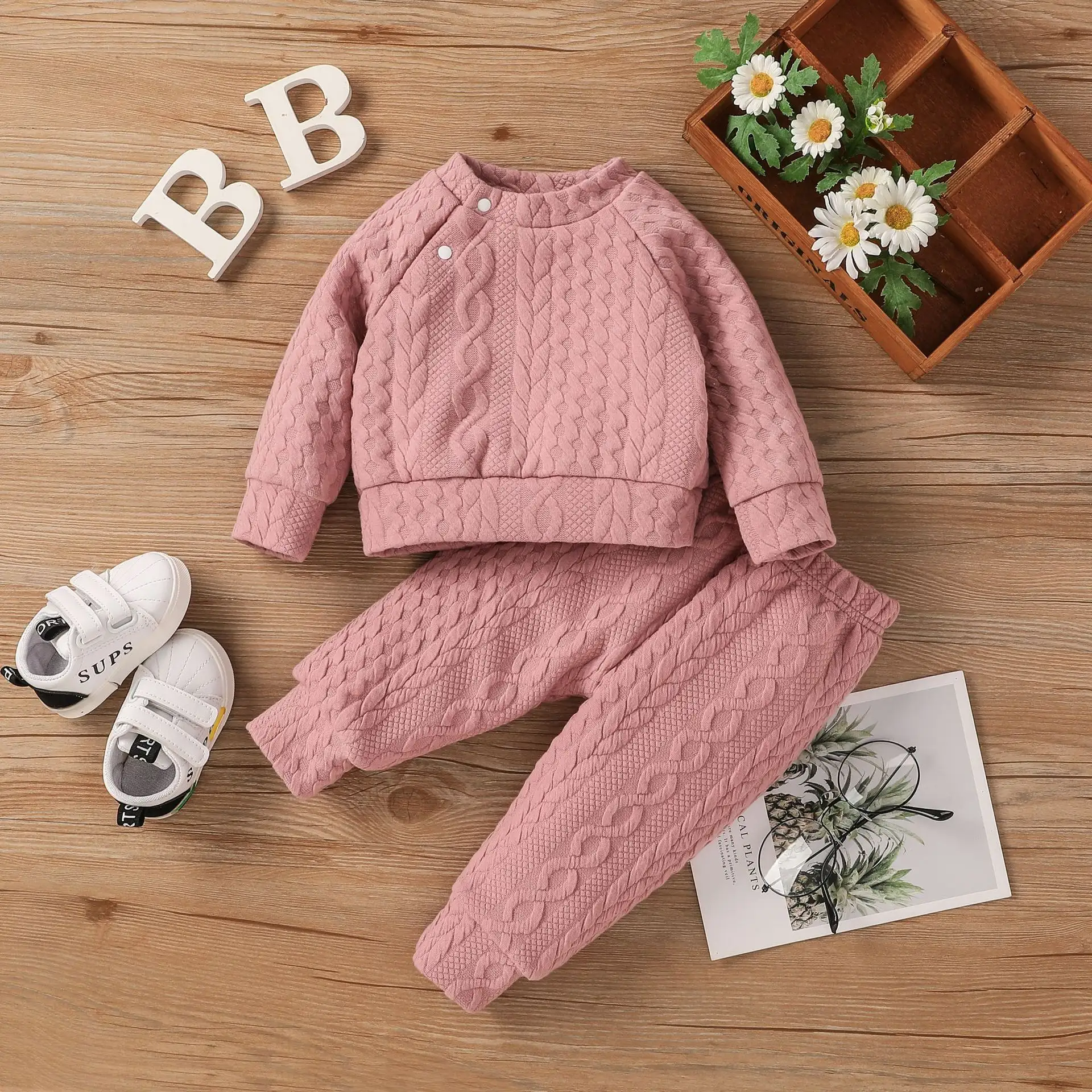 Autumn And Winter Infant Toddler Solid Color Twist Knitted Cotton Open Shoulder Suit
