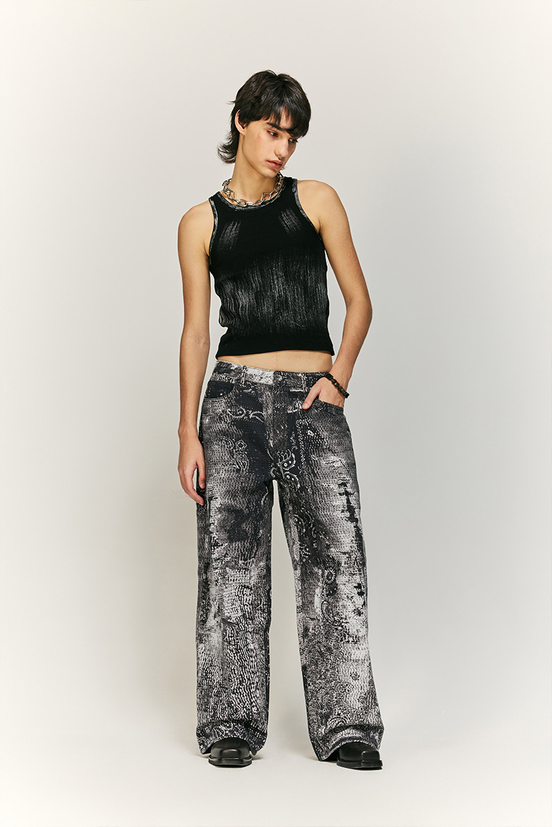 Title 2, Vintage Paisley Digital Printing Jeans Straight...