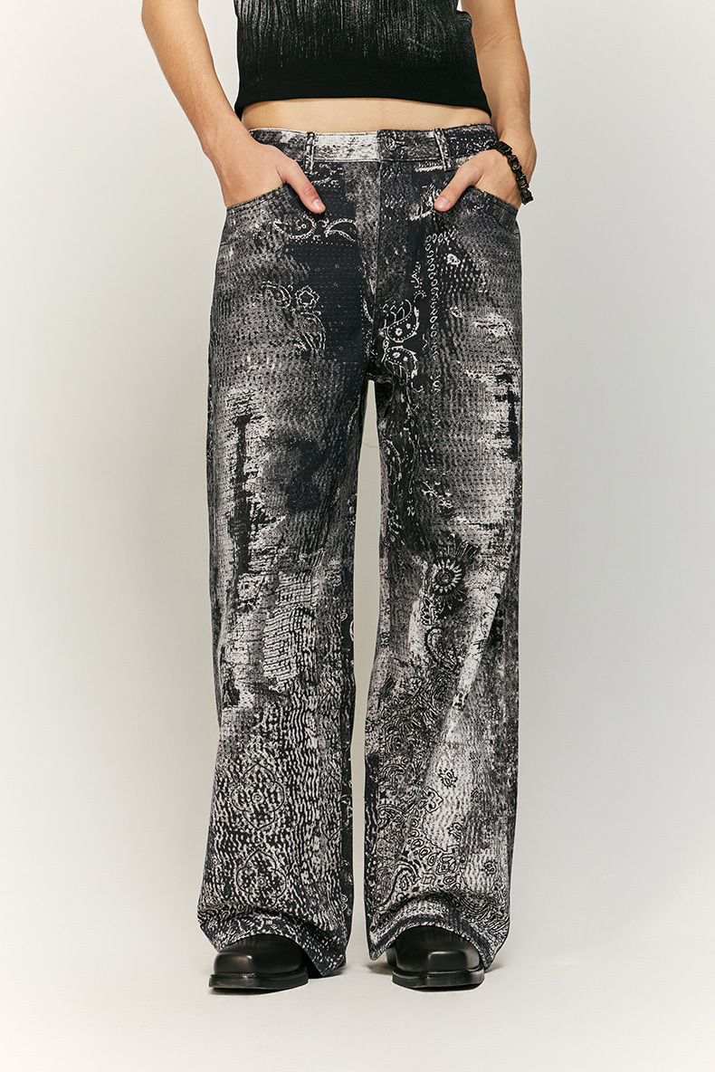 Title 7, Vintage Paisley Digital Printing Jeans Straight...