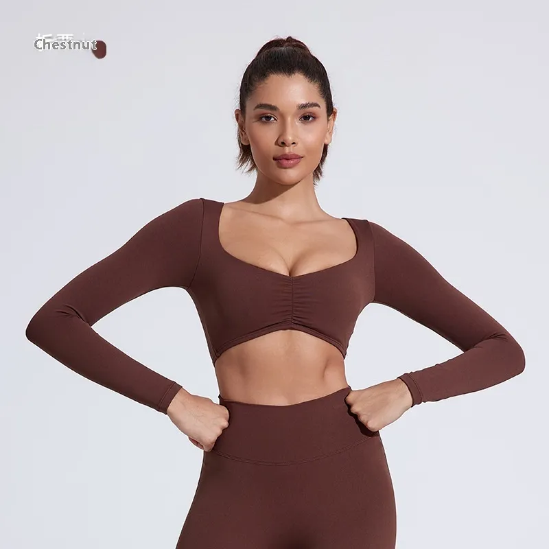 Nude Feel Yoga Long Sleeve T-shirt Tight Fold Movement Top - Chestnut