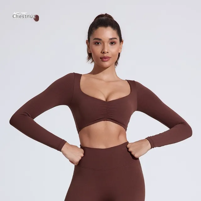 Nude Feel Yoga Long Sleeve T shirt Tight Fold Movement Top Chestnut - Shop at LoveMi