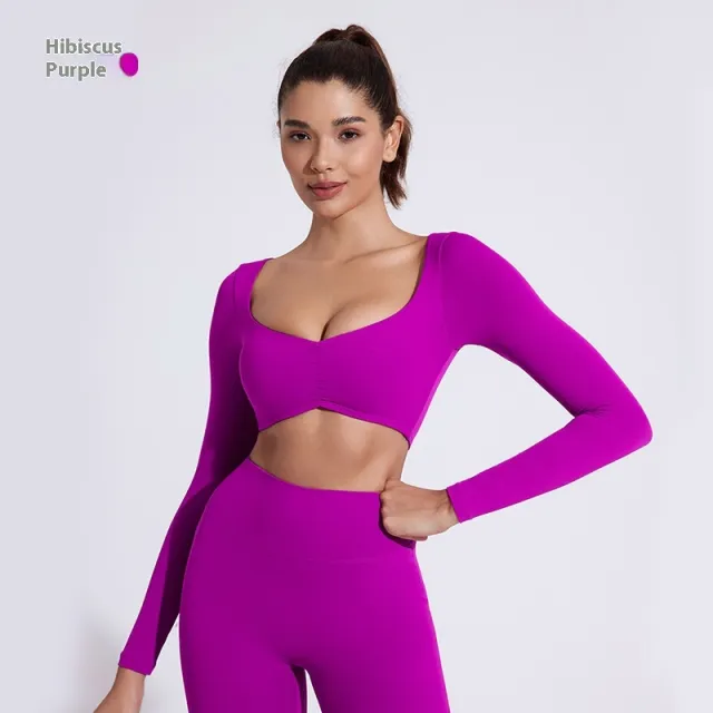 Nude Feel Yoga Long Sleeve T shirt Tight Fold Movement Top Kiko Purple - Shop at LoveMi