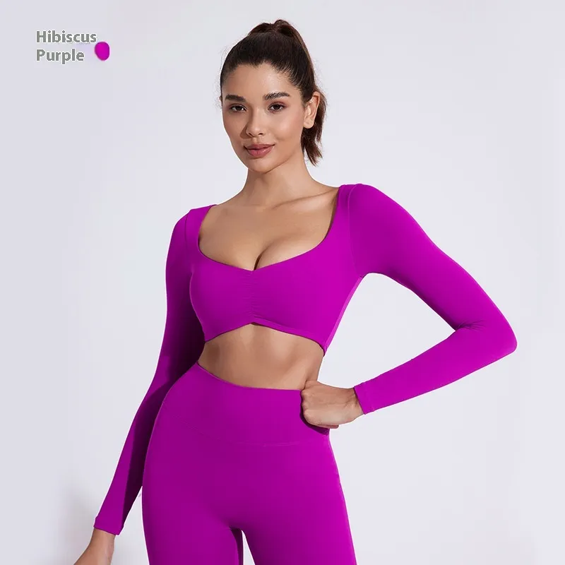 Nude Feel Yoga Long Sleeve T-shirt Tight Fold Movement Top - Kiko Purple