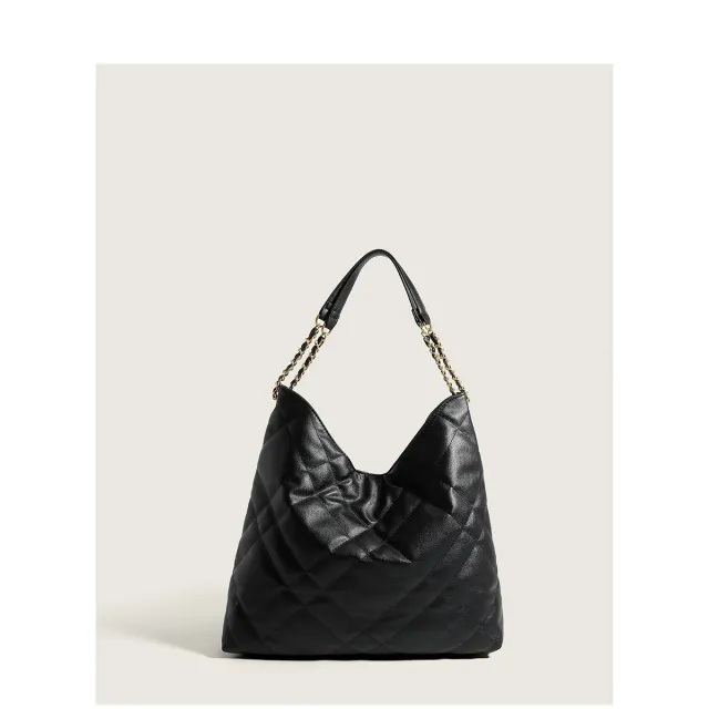Classic Style Rhombus Women's Large Capacity Genuine Leather Chain Shoulder Tote Bag Black - Shop at LoveMi
