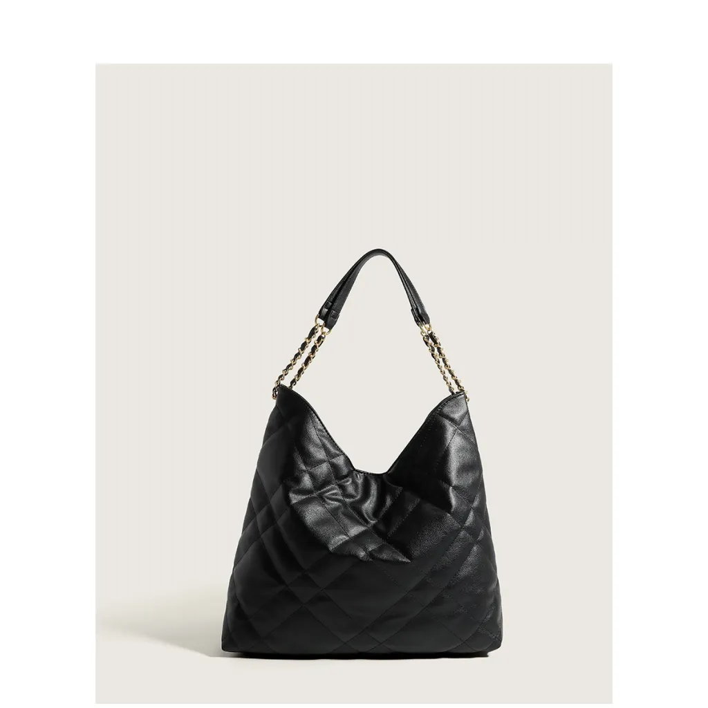 Classic Style Rhombus Women's Large Capacity Genuine Leather Chain Shoulder Tote Bag - Black