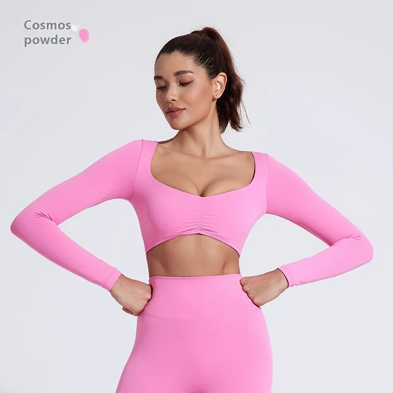 Nude Feel Yoga Long Sleeve T-shirt Tight Fold Movement Top - Pink