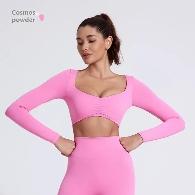Nude Feel Yoga Long Sleeve T shirt Tight Fold Movement Top Pink - Shop at LoveMi