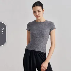 Waist Slimming Breathable Yoga T-shirt Running Training Nude Feel Workout Top - Grey - View 1