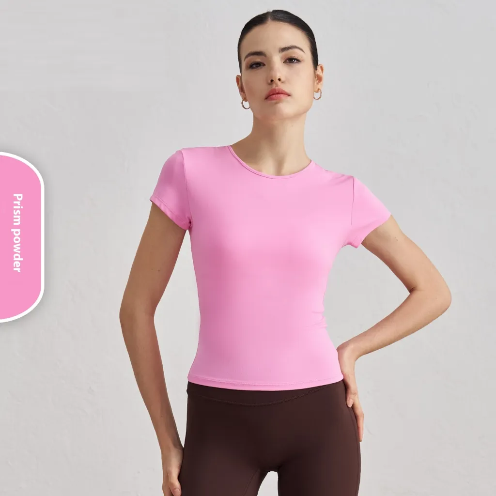 Waist Slimming Breathable Yoga T-shirt Running Training Nude Feel Workout Top - Pink