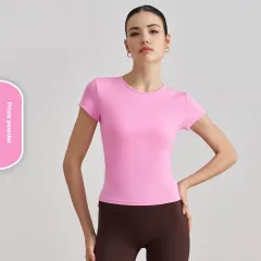 Waist Slimming Breathable Yoga T-shirt Running Training Nude Feel Workout Top - Pink - View 1