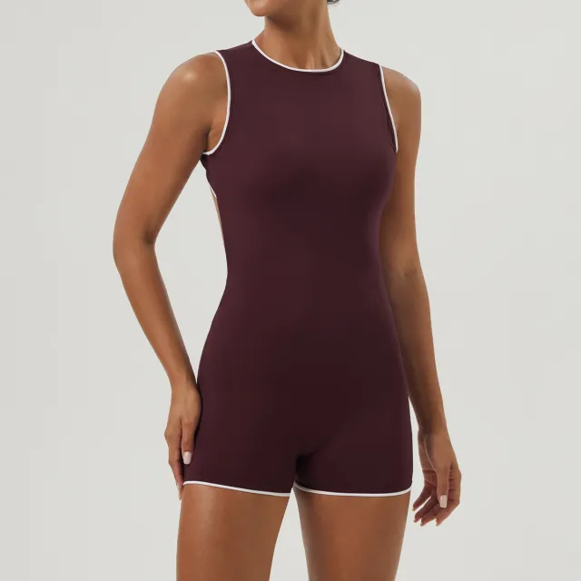 Color Matching Chest Pad Hip Lifting Fitness One piece Suit Sleeveless Purplish Red - Shop at LoveMi