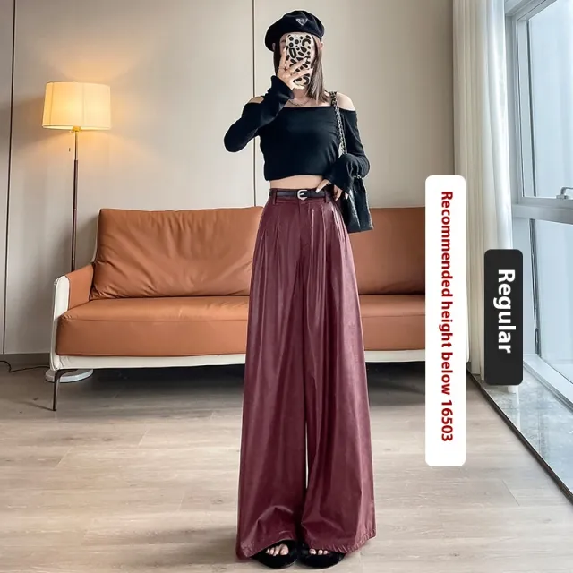 High Waist Loose Straight Slimming Leather Wide leg Pants Drape Mop Pants Red - Shop at LoveMi