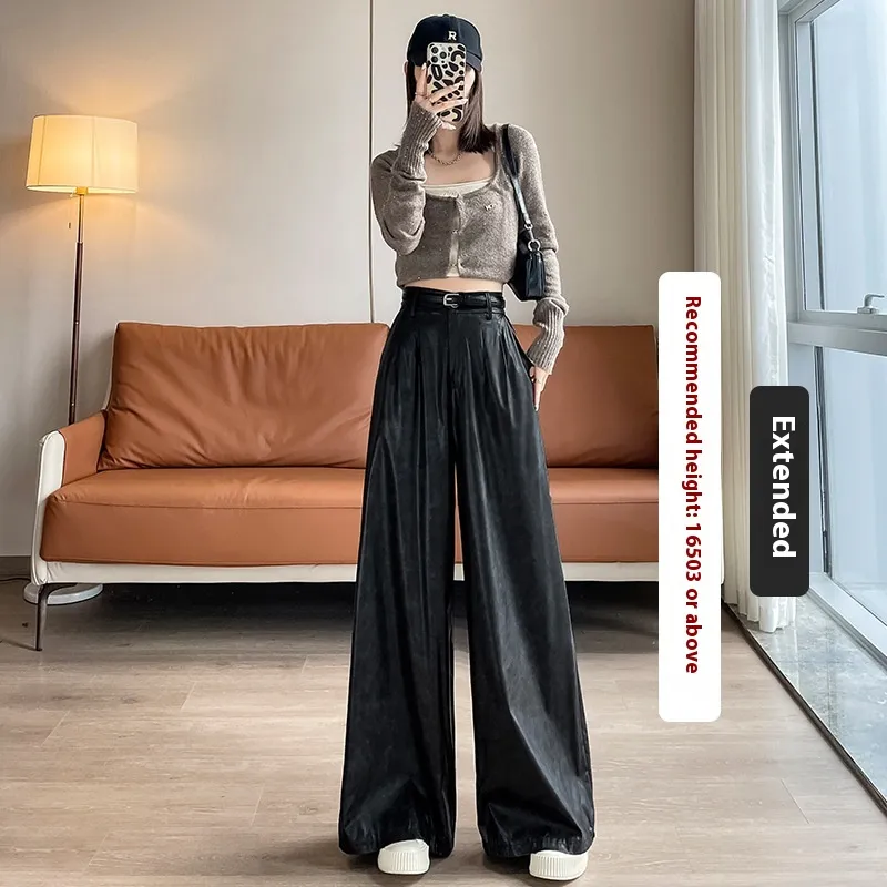 High Waist Loose Straight Slimming Leather Wide-leg Pants Drape Mop Pants - Black Lengthened