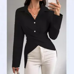Women's Long-sleeved Cross-tied Pleated Shirt - Black - View 1
