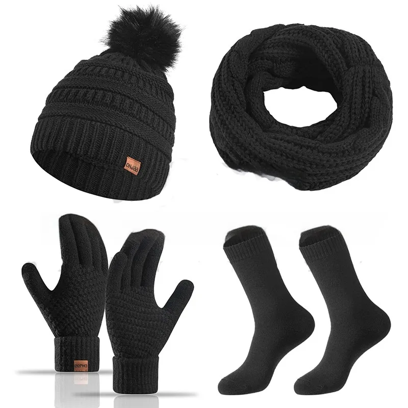 Winter Female Cap Scarf Gloves And Socks Four-piece Set - Black