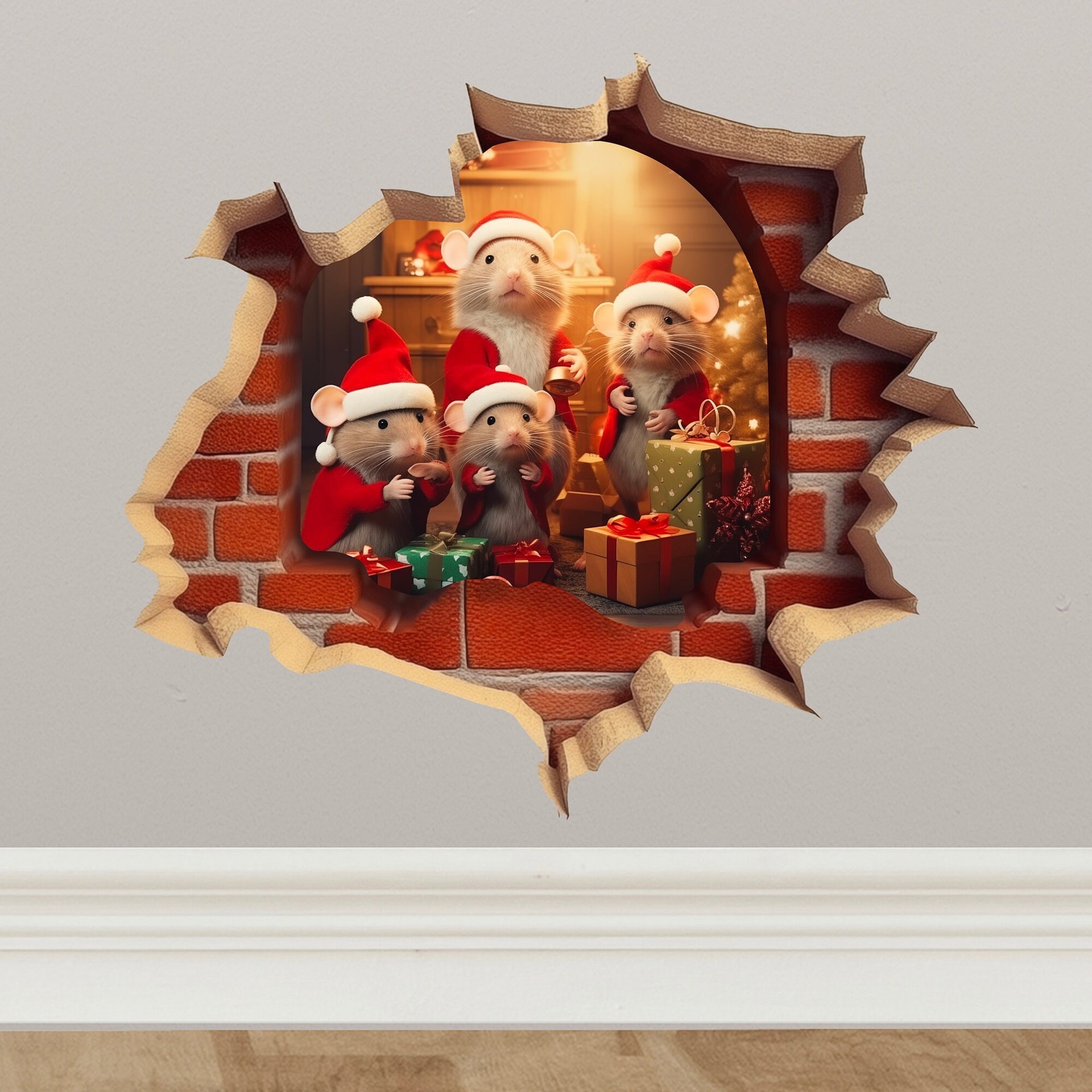 Title 3, Christmas Cartoon Animal Mouse Hole Wall Sticke...