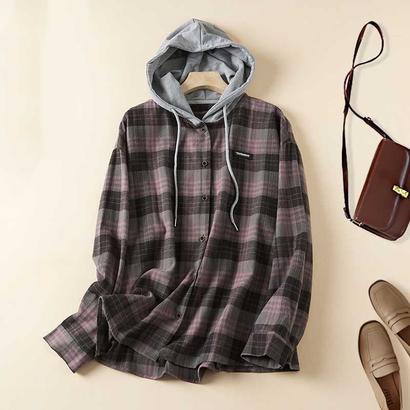 Women's Single-breasted Plaid Thin Brushed Long Sleeve Shirt Artistic Casual Plus Size